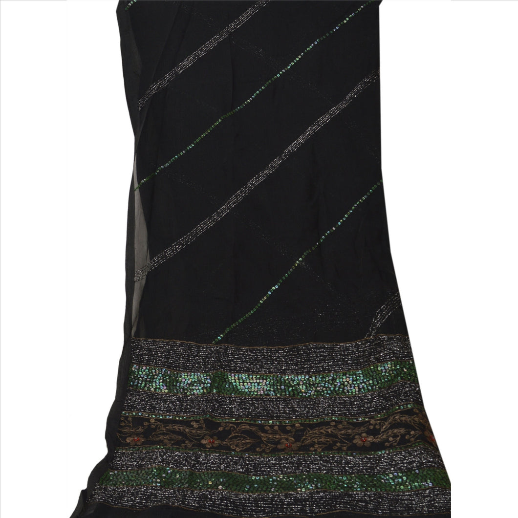 Sanskriti Vintage Dupatta Long Stole Art Silk Black Hijab Hand Beaded Wrap Veil