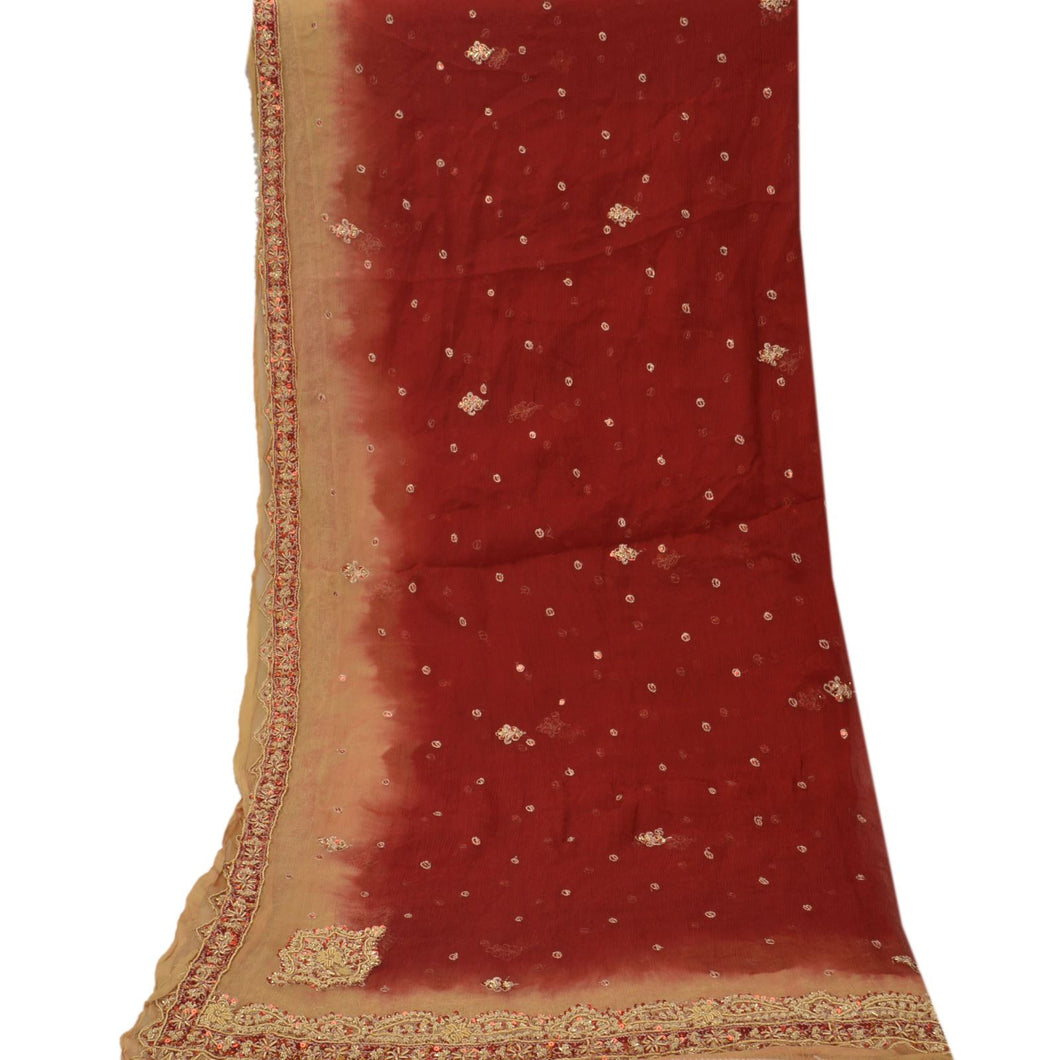 Sanskriti Vintage Dupatta Long Stole Chiffon Silk Maroon Hand Beaded Wrap Veil