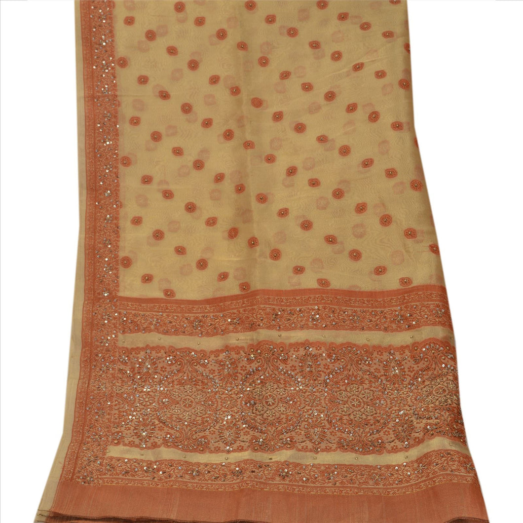 Vintage Dupatta Long Stole Art Silk Golden Hand Beaded Woven Wrap Hijab
