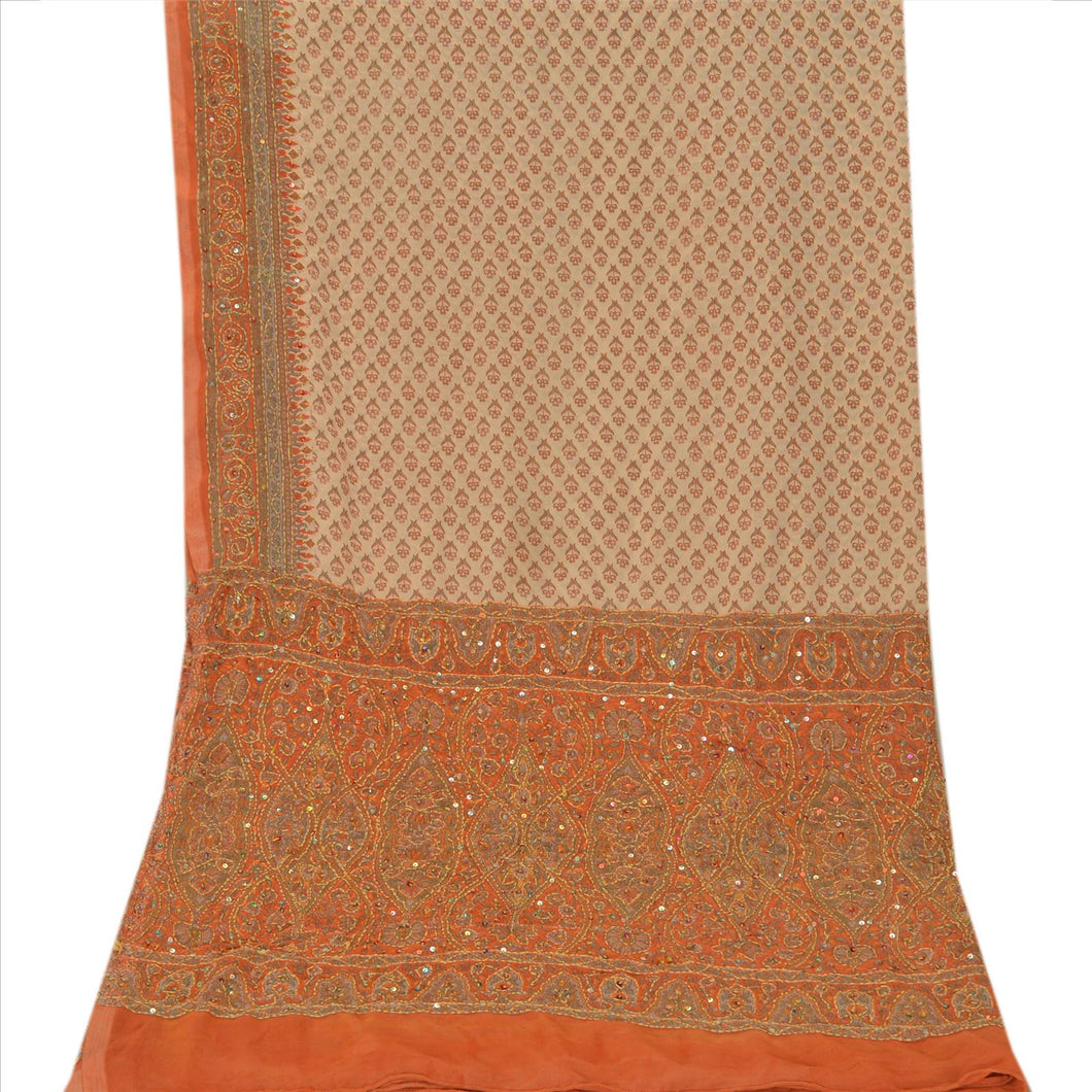 Vintage Dupatta Long Stole Georgette Cream Hand Embroidered Kantha Wrap Veil