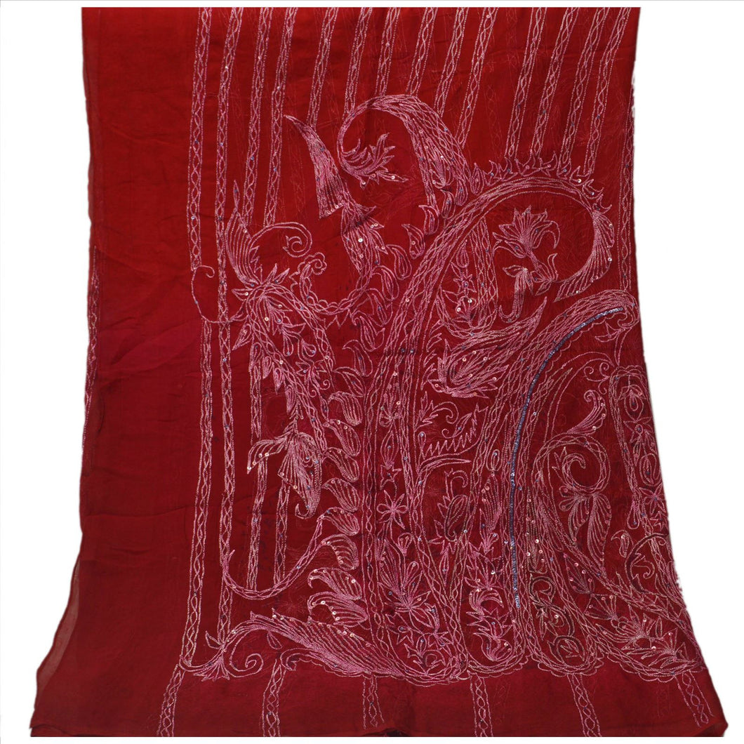 Sanskriti Vintage Dupatta Long Stole Chiffon Silk Maroon Hand Beaded Wrap Veil