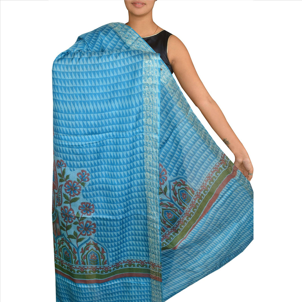 100% Pure Tassar Silk New Long Stole Dupatta Blue Scarves Printed Wrap Veil