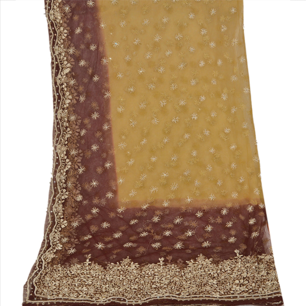 Sanskriti Vintage Dupatta Long Stole Net Mesh Saffron Hand Beaded Wrap Scarves