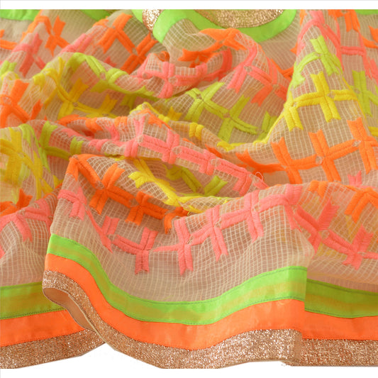 Sanskriti Vintage Dupatta Long Stole Cotton Cream Embroidered Wrap Scarves