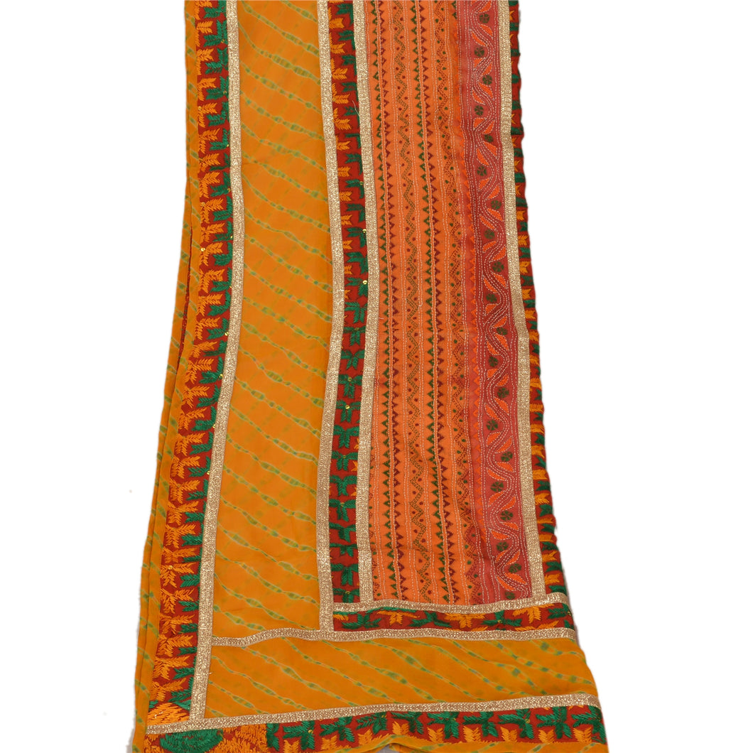 Vintage Dupatta Long Stole Georgette Saffron Hand Beaded Leheria Wrap Veil