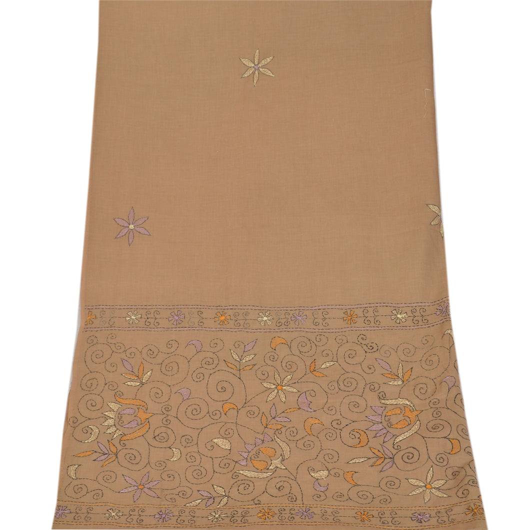Vintage Dupatta Long Stole Cotton Brown Hand Embroidered Kantha Wrap Veil
