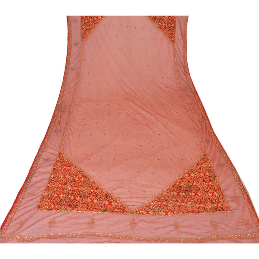 Sanskriti Vintage Dupatta Long Stole Net Mesh Orange Hand Beaded Wrap Veil