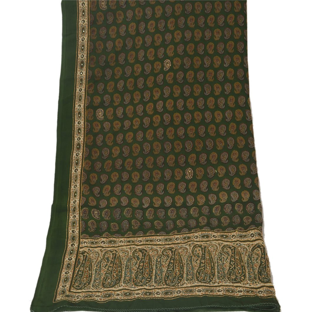 Vintage Dupatta Long Stole Georgette Green Shawl Hand Embroidered Kantha Scarves