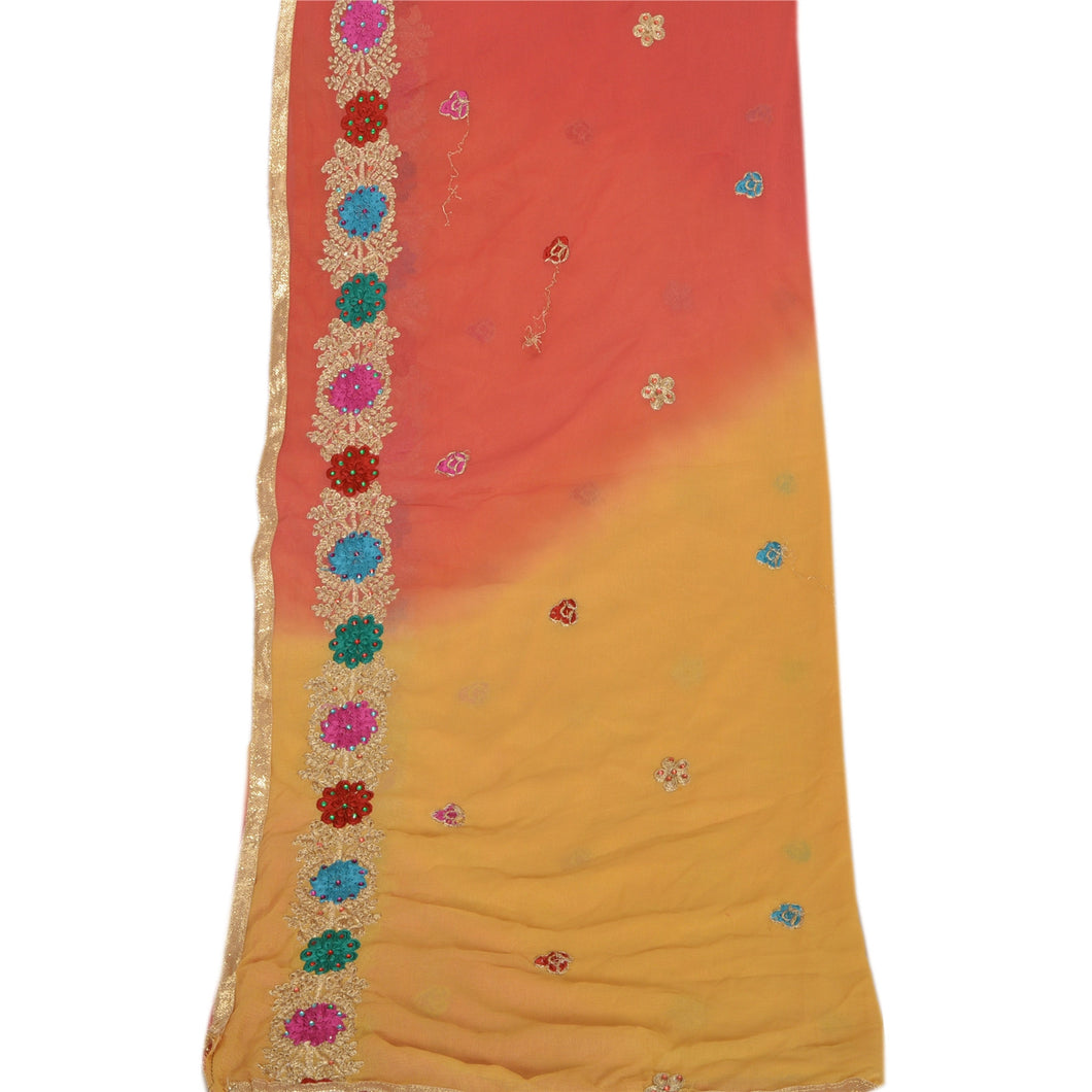 Sanskriti Vintage Dupatta Long Stole Chiffon Silk Yellow Hand Beaded Scarves