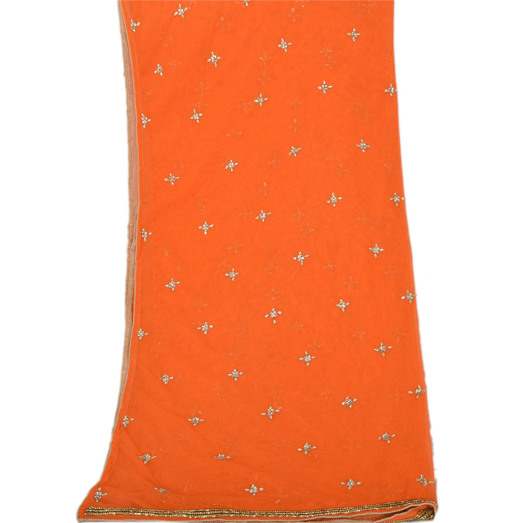 Sanskriti Vintage Dupatta Long Stole Net Mesh Orange Shawl Hand Beaded Scarves