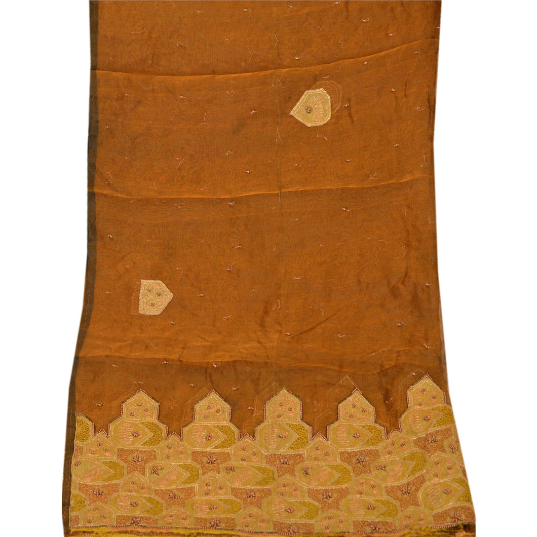 Sanskriti Vintage Dupatta Long Stole Organza Brown Shawl Hand Beaded Scarves