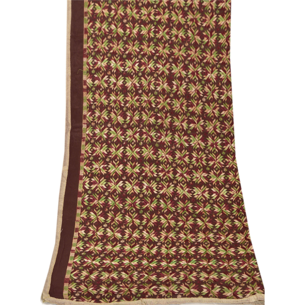 Vintage Dupatta Long Stole OOAK Brown Embroidered Shawl Bagh Phulkari Hijab