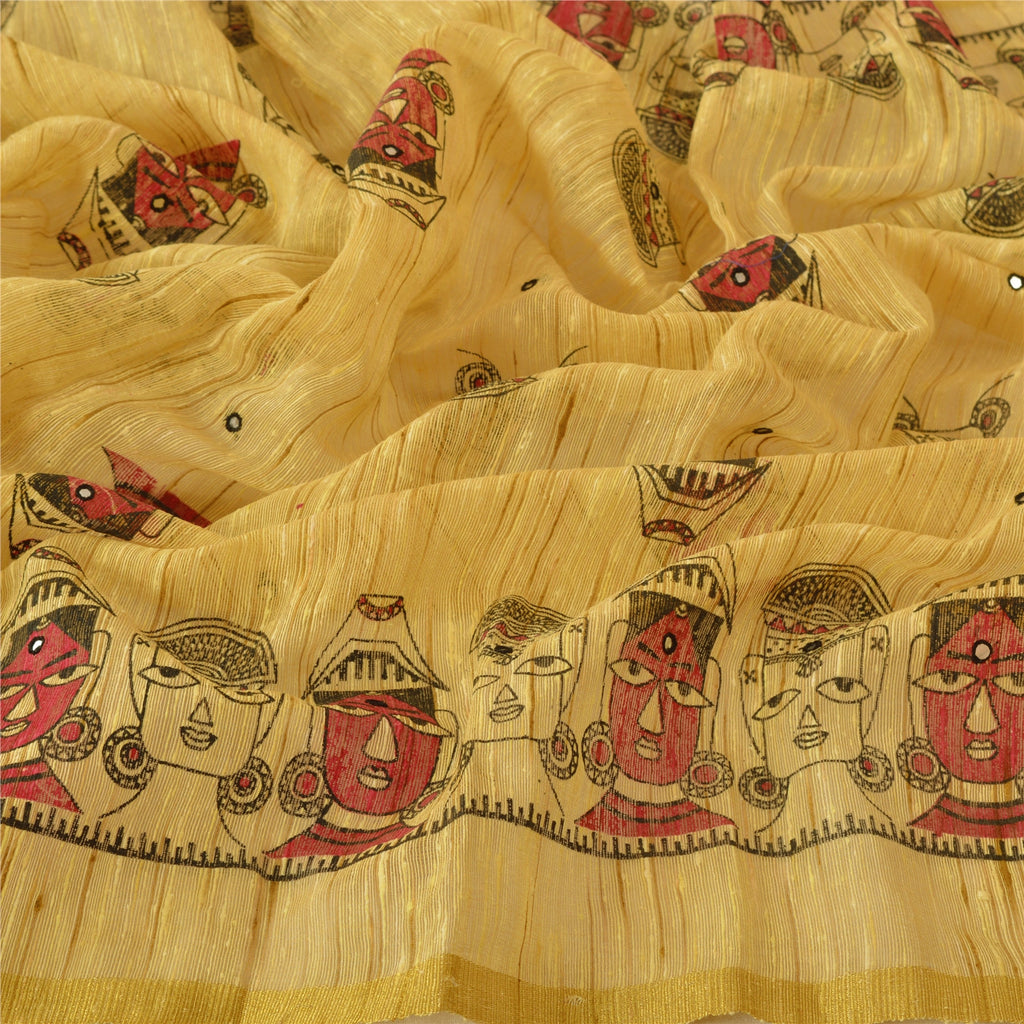 Sanskriti Vintage Dupatta Long Scarf Handloom Cotton Cream Hand Embroidery Block Printed Headscarf, Women Used Veil, Pre Owned Dupatta