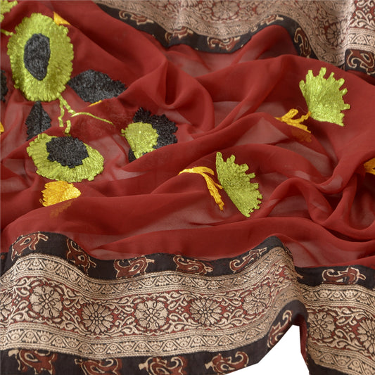 Sanskriti Vintage Dupatta Long Stole Georgette Dark Red Veil Hand Beaded Scarves