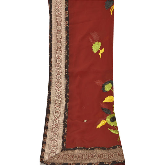 Sanskriti Vintage Dupatta Long Stole Georgette Dark Red Veil Hand Beaded Scarves