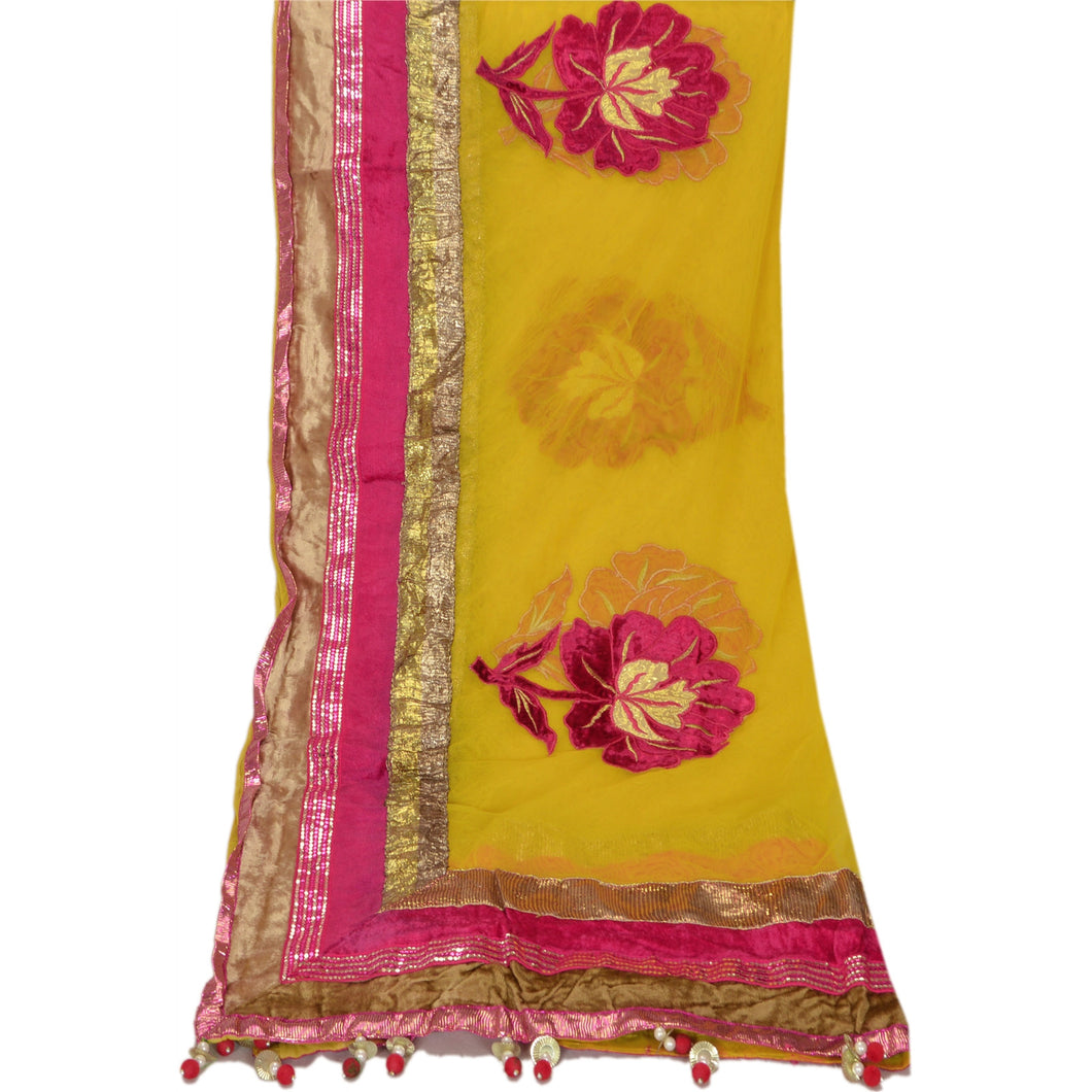 Sanskriti Vintage Dupatta Long Stole Net Mesh Yellow Veil Embroidered Scarves