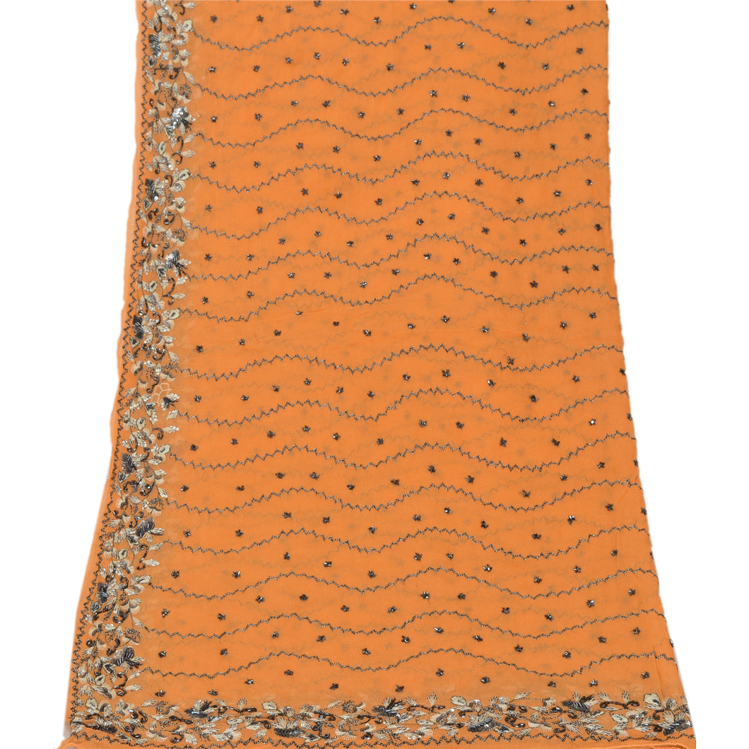 Sanskriti Vintage Dupatta Long Stole Georgette Orange Shawl Hand Beaded Scarves