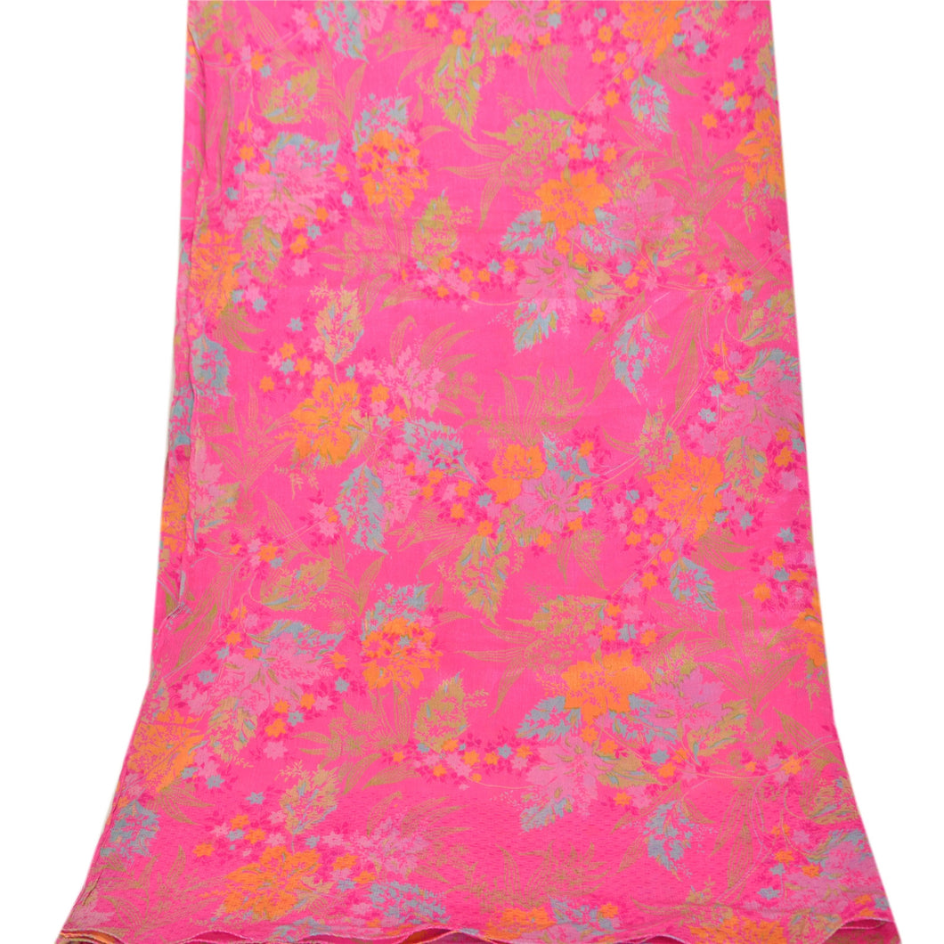 Vintage Dupatta Long Stole 100% Pure Silk Veil Pink Printed Wrap Floral Scarves