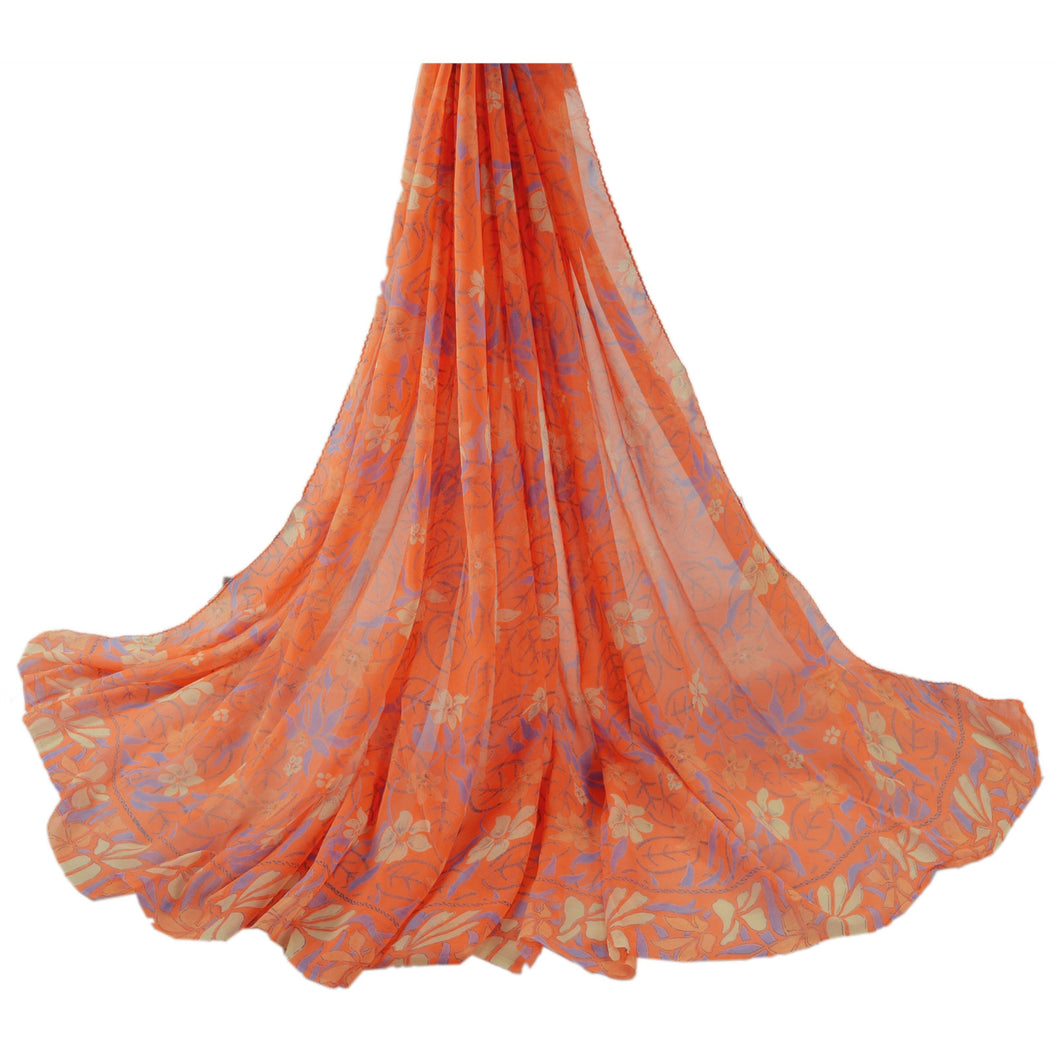 Sanskriti Vintage Dupatta Long Stole Georgette Orange Hijab Printed Wrap Veil