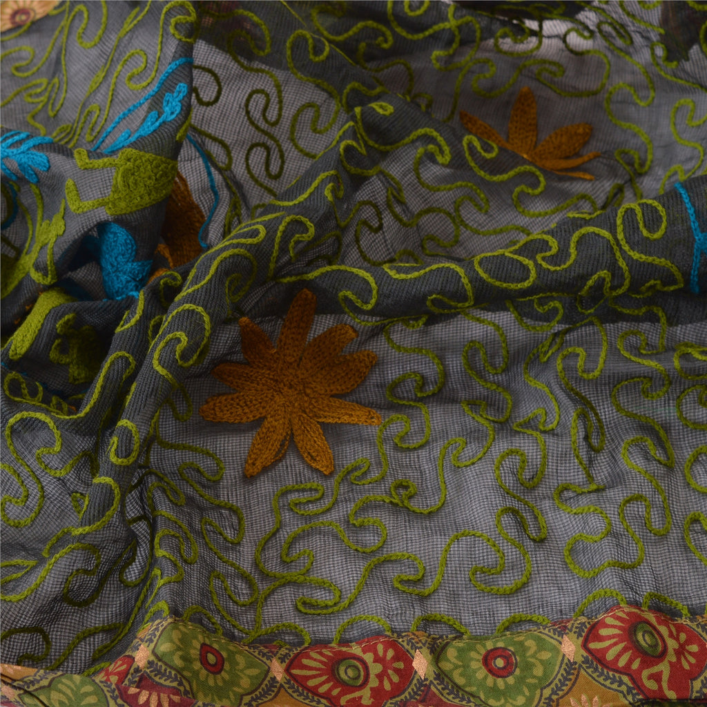 Sanskriti Vintage Dupatta Long Scarf Cotton Kota Green Hand Embroidered Scarves India Upcycled Remnant Fabric, Neck Shawl Craft Supplie