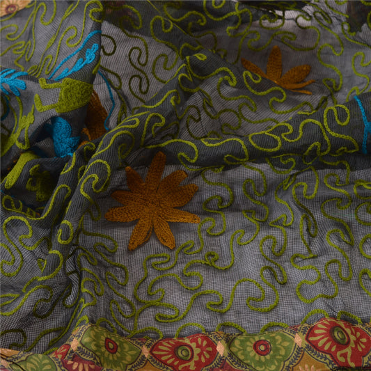 Sanskriti Vintage Dupatta Long Stole Cotton Green Veil Hand Embroidered Wrap Scarves