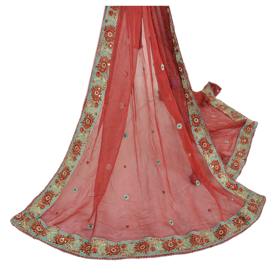 Sanskriti Vintage Dupatta Long Stole Georgette Dark Red Shawl Hand Beaded Veil