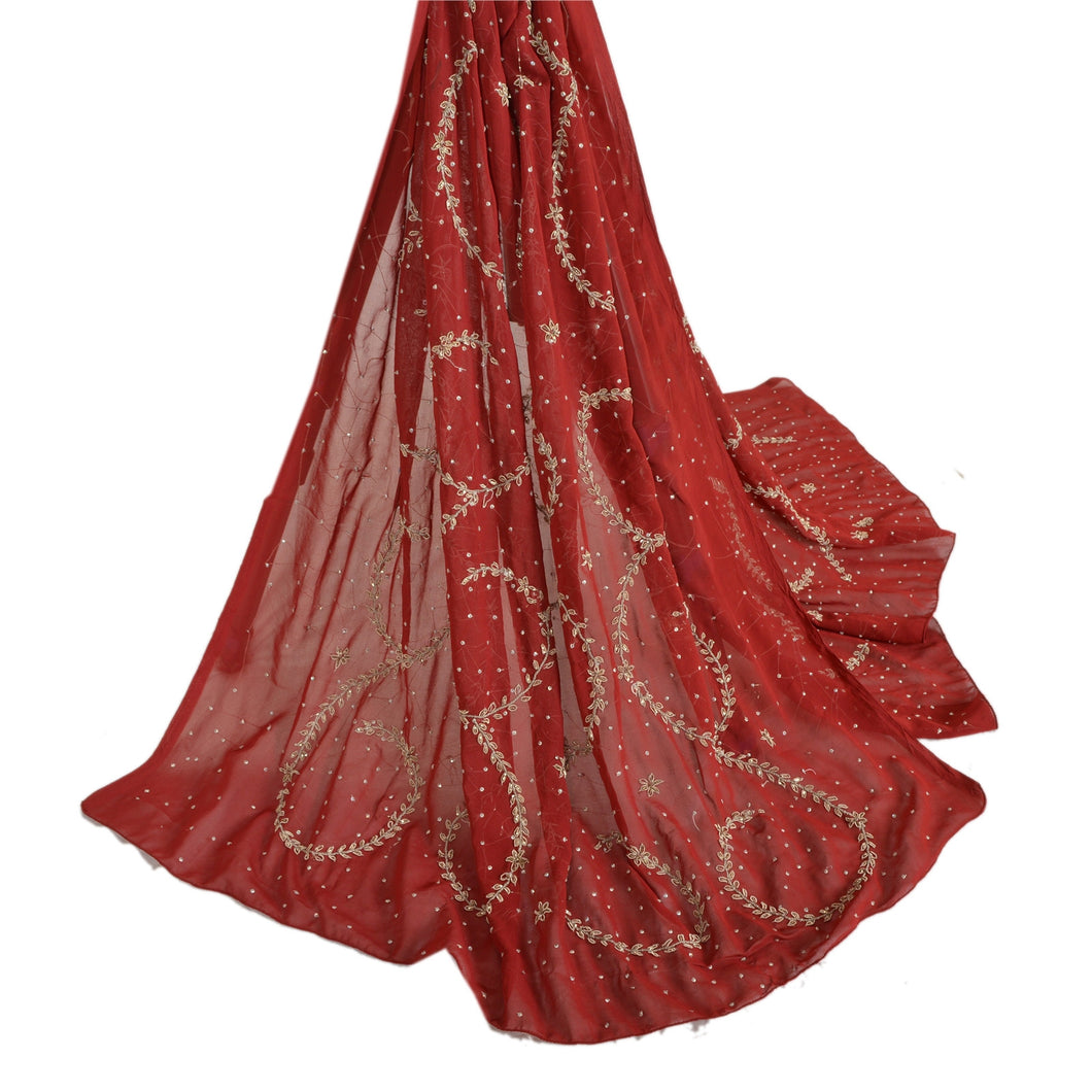 Sanskriti Vintage Dupatta Long Stole Georgette Dark Red Hand Beaded Scarves