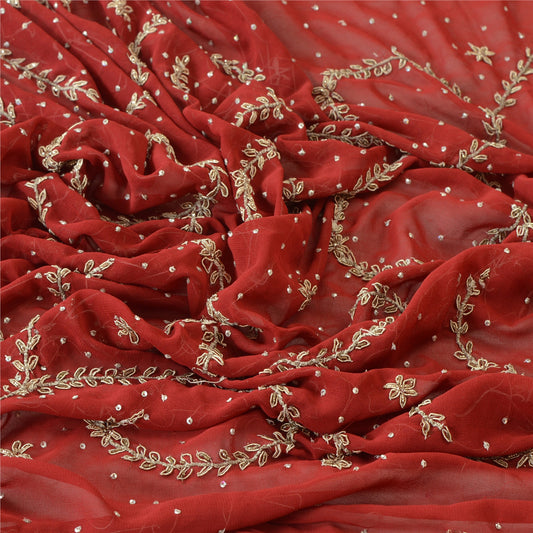 Sanskriti Vintage Dupatta Long Stole Georgette Dark Red Hand Beaded Scarves