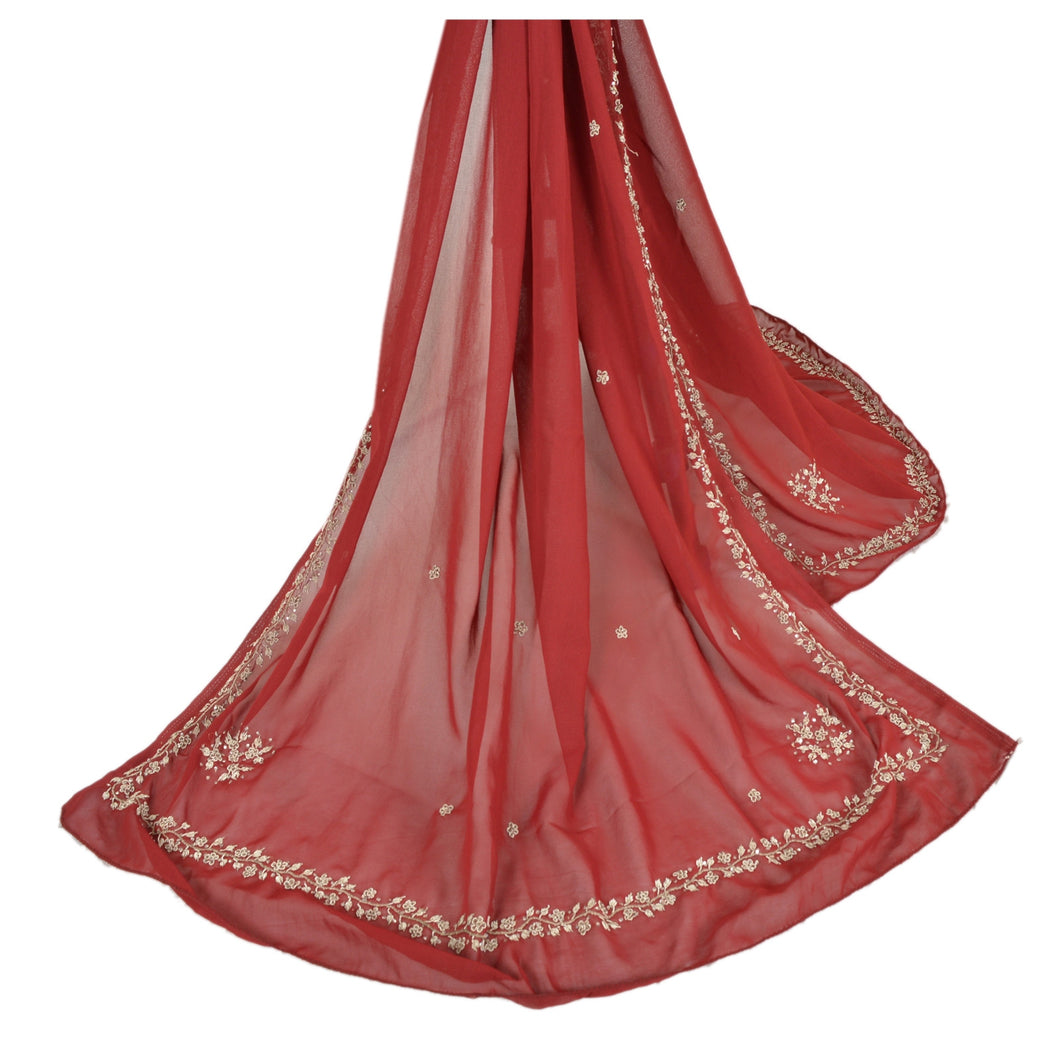 Sanskriti Vintage Dupatta Long Stole Georgette Dark Red Veil Hand Beaded Scarves