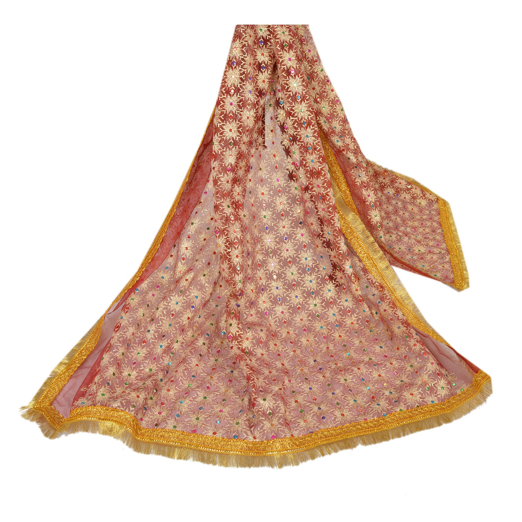 Sanskriti Vintage Dupatta Long Stole Net Mesh Dark Red Veil Hand Beaded Scarves
