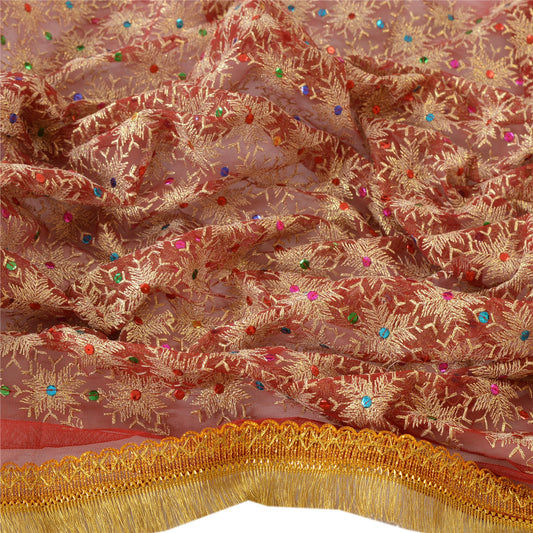 Sanskriti Vintage Dupatta Long Stole Net Mesh Dark Red Veil Hand Beaded Scarves