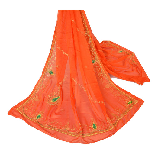 Sanskriti Vintage Dupatta Long Stole Georgette Orange Shawl Hand Beaded Scarves