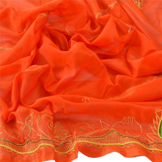Sanskriti Vintage Dupatta Long Stole Georgette Orange Shawl Hand Beaded Scarves