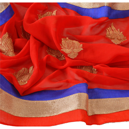 Sanskriti Vintage Dupatta Long Stole Georgette Red Shawl Embroidered Scarves