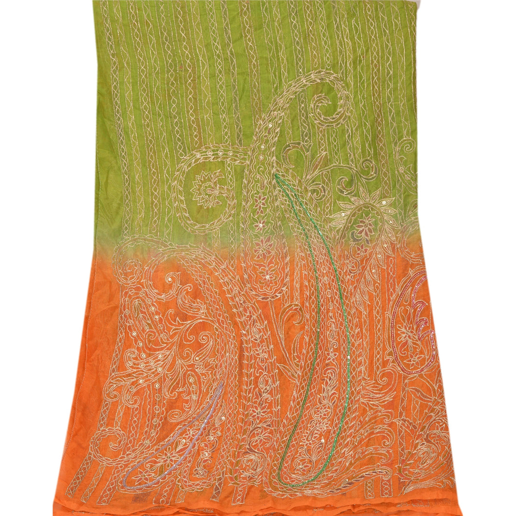 Sanskriti Vintage Dupatta Long Stole Art Silk Orange Scarves Hand Beaded Veil