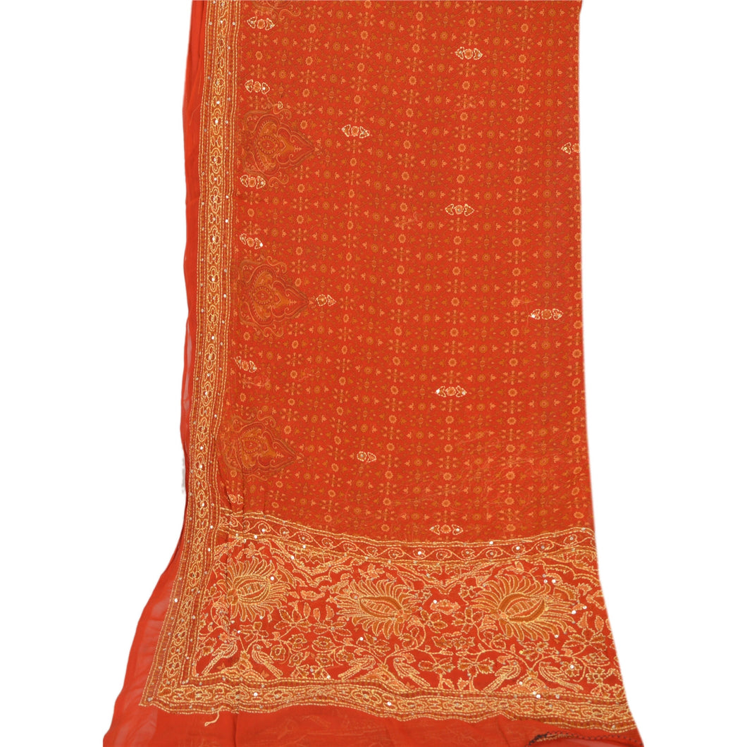 Vintage Dupatta Long Stole Georgette Orange Hand Embroidered Kantha Wrap Scarves