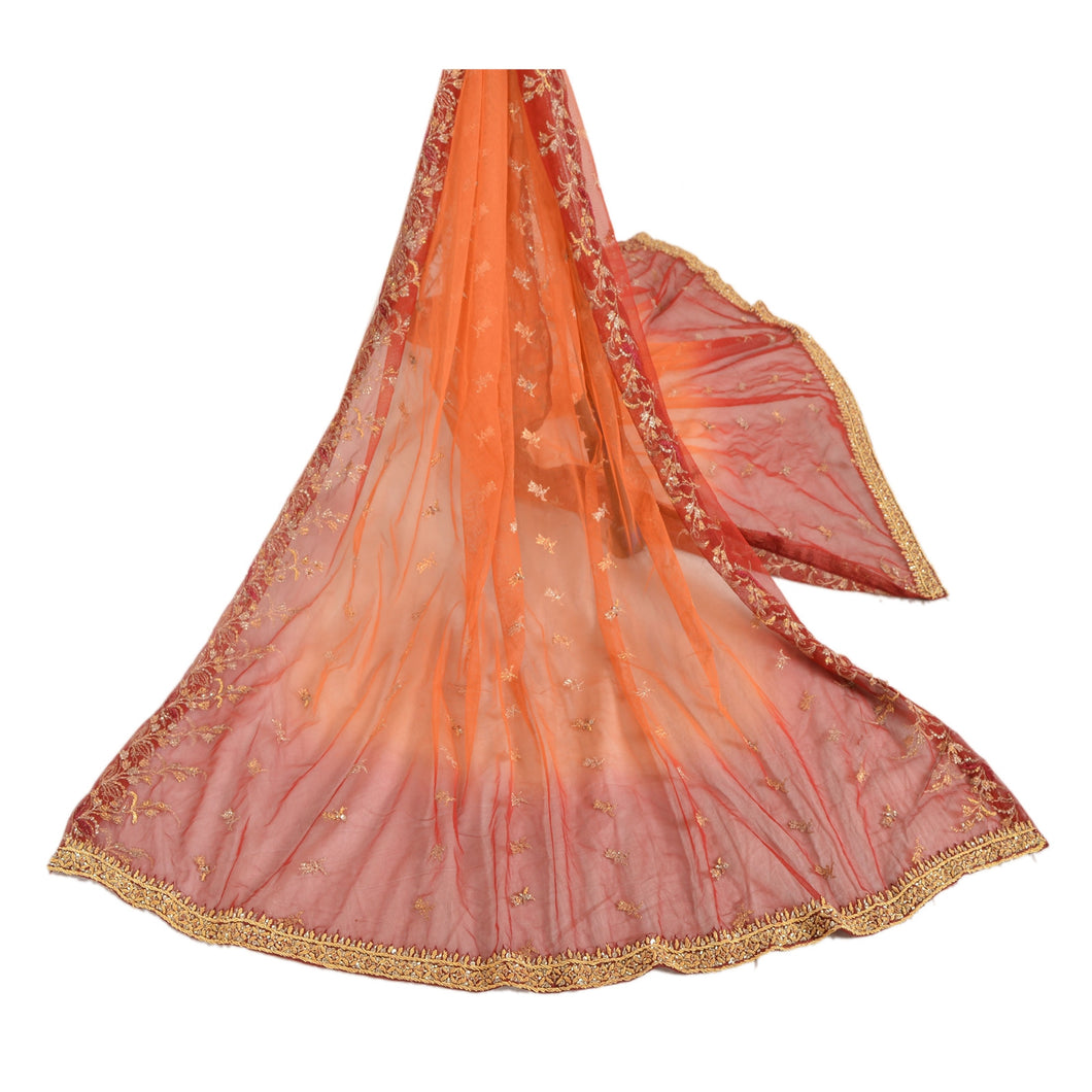 Sanskriti Vintage Dupatta Long Stole Net Mesh Orange Veil Hand Beaded Scarves