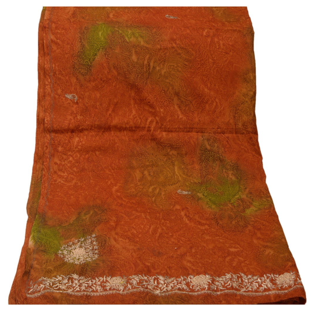 Sanskriti Vintage Dupatta Long Stole Crepe Silk Orange Hand Embroidered Scarves