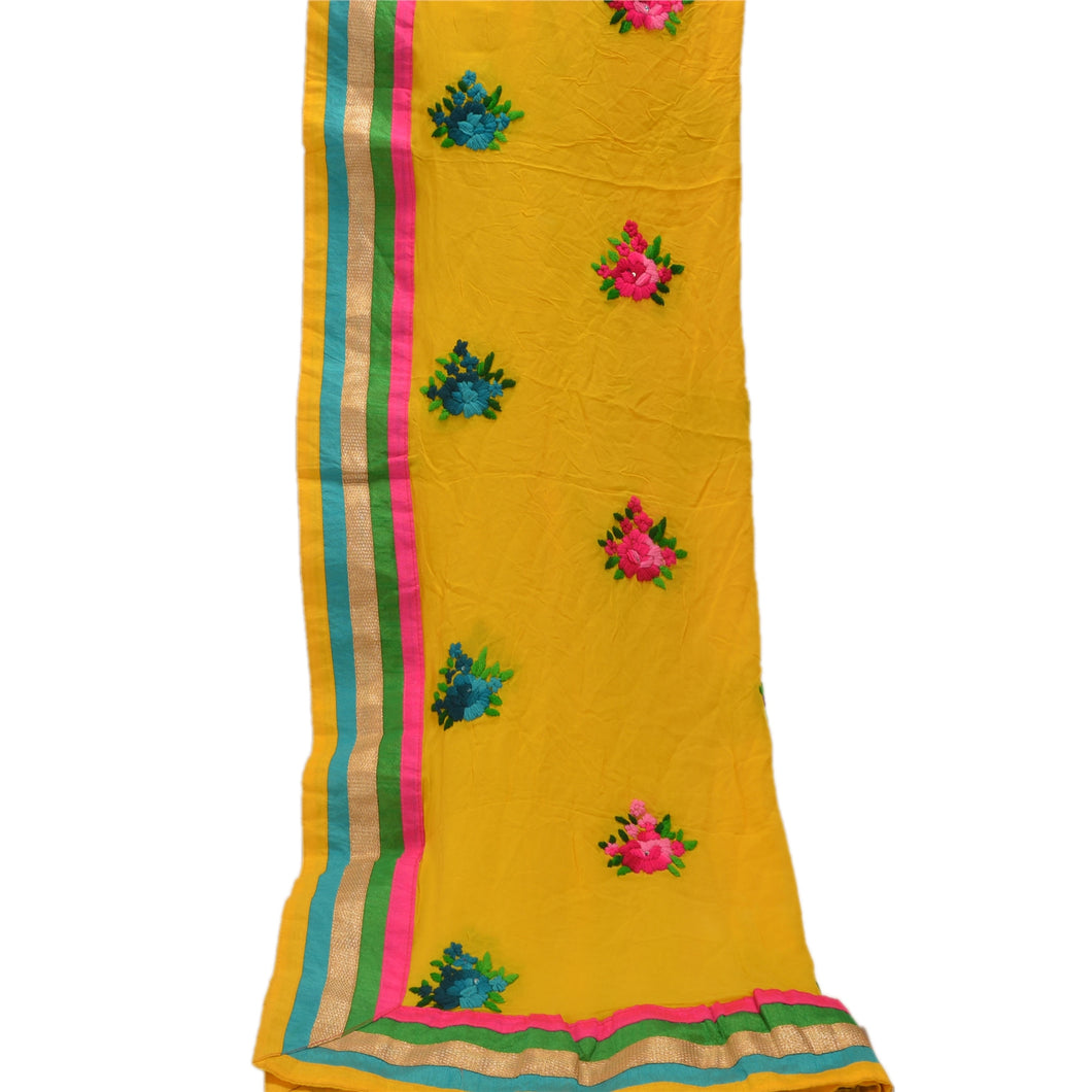 Sanskriti Vintage Dupatta Long Stole Georgette Yellow Shawl Hand Beaded Scarves