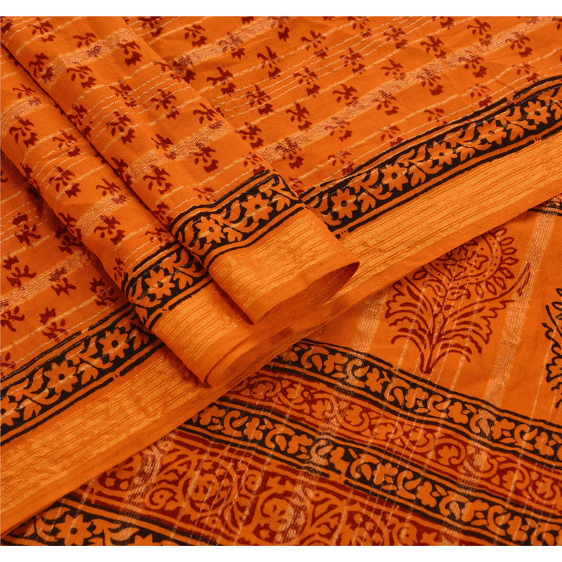 Sanskriti Vintage Orange Dupatta Long Stole Pure Cotton Hand Block Printed Veil
