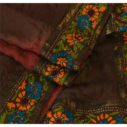 Sanskriti Vintage Dupatta Long Stole OOAK Brown Hijab Hand Embroidered Phulkari Wrap Shawl