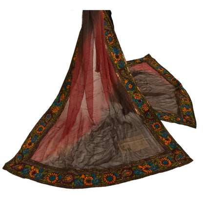 Sanskriti Vintage Dupatta Long Stole OOAK Brown Hijab Hand Embroidered Phulkari Wrap Shawl