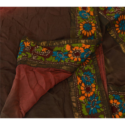 Sanskriti Vintage Dupatta Long Stole OOAK Brown Hijab Hand Embroidered Phulkari Wrap Shawl