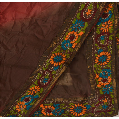 Sanskriti Vintage Dupatta Long Stole OOAK Brown Hijab Hand Embroidered Phulkari Wrap Shawl