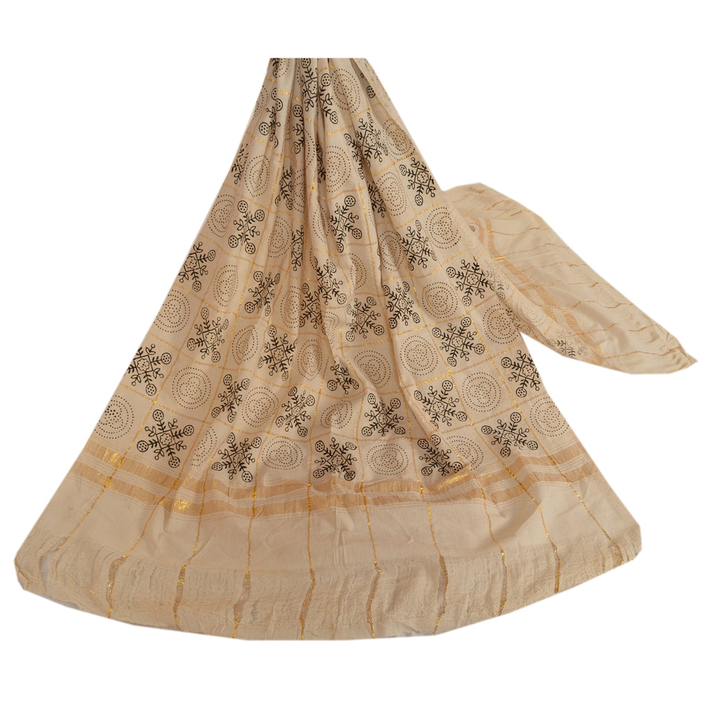 Sanskriti Vintage Dupatta Long Stole Cotton Cream Hijab Block Printed Woven Wrap Shawl
