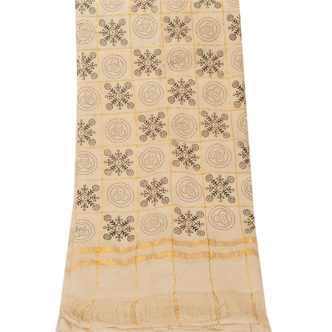 Vintage Dupatta Long Stole Cotton Cream Hijab Block Printed Woven Wrap Shawl