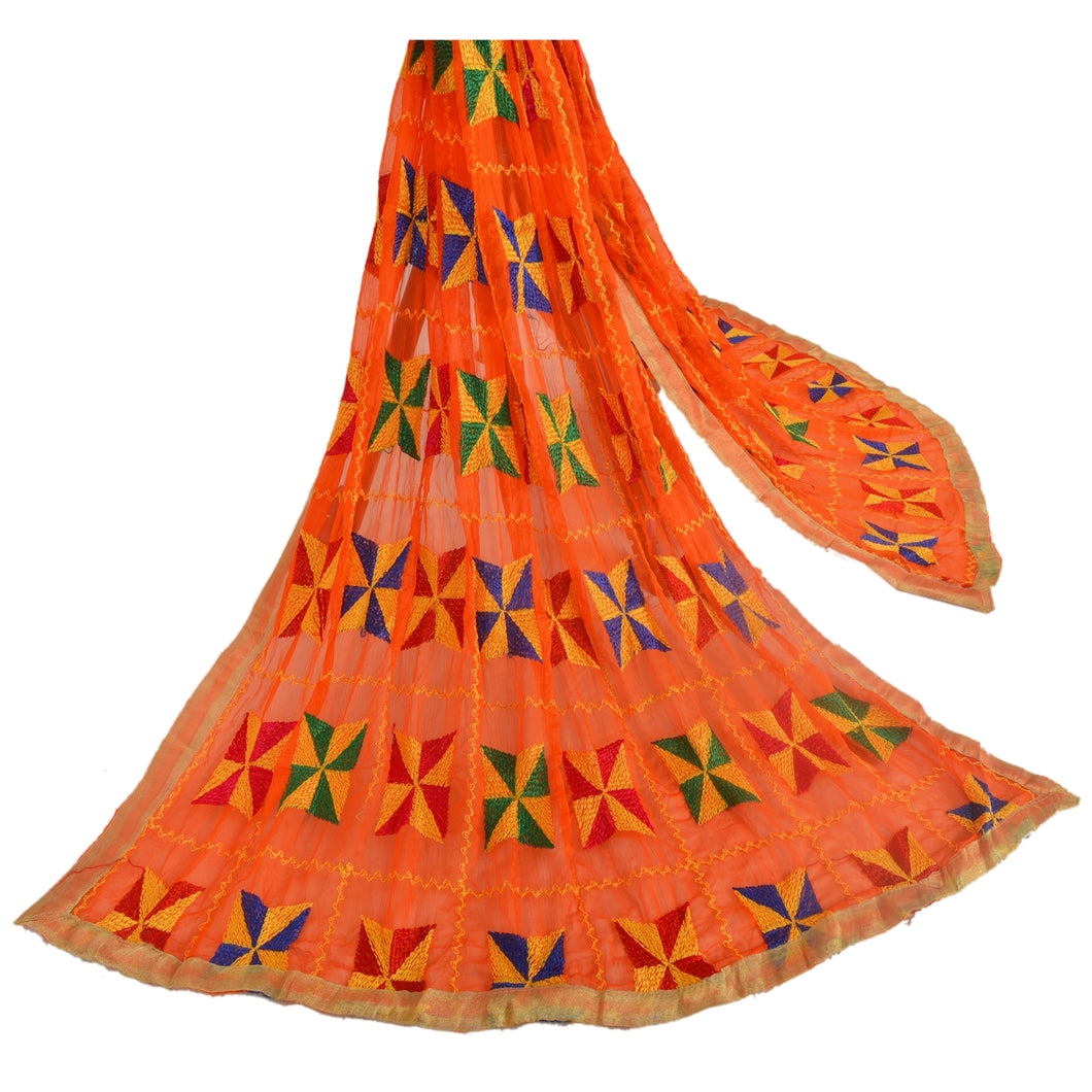 Vintage Dupatta Long Stole OOAK Orange Embroidered Hijab Bagh Phulkari Shawl