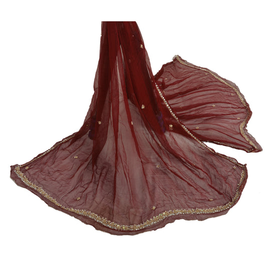 Sanskriti Vintage Dupatta Long Stole Chiffon Silk Dark Red Hand Beaded Wrap Veil
