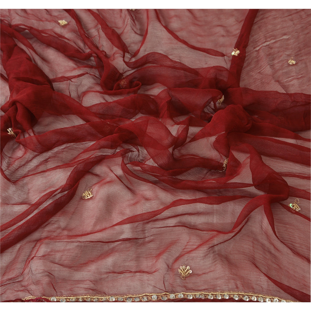 Sanskriti Vintage Dupatta Long Stole Chiffon Silk Dark Red Hand Beaded Wrap Veil