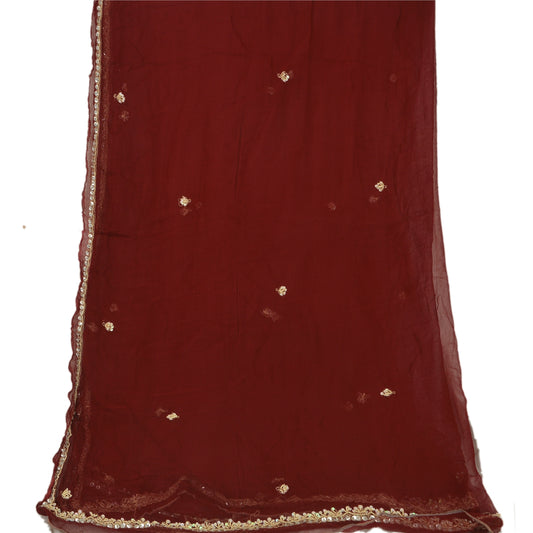 Sanskriti Vintage Dupatta Long Stole Chiffon Silk Dark Red Hand Beaded Wrap Veil